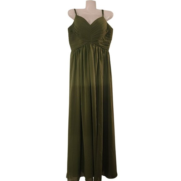 Maxi Dress With Pleated Bodice & Spaghetti Straps Size 12 Olive Green - Picture 1 of 7